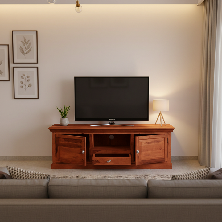 Translation missing: en.Sheesham Wood Tv Unit Cabinet with Shelves and one Drawer (Sheesham - Honey) 