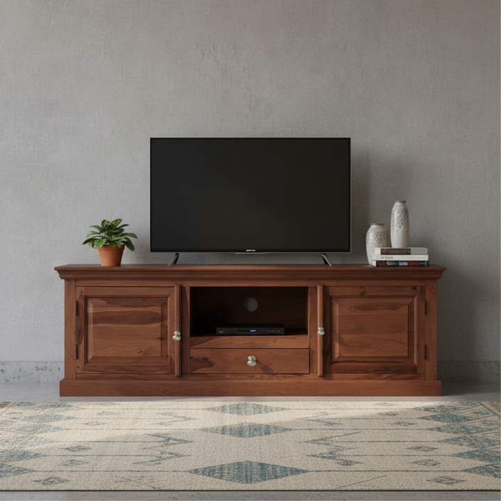 Translation missing: en.Sheesham Wood TV Unit Cabinet with Shelves &amp; Drawer | Walnut Finish 