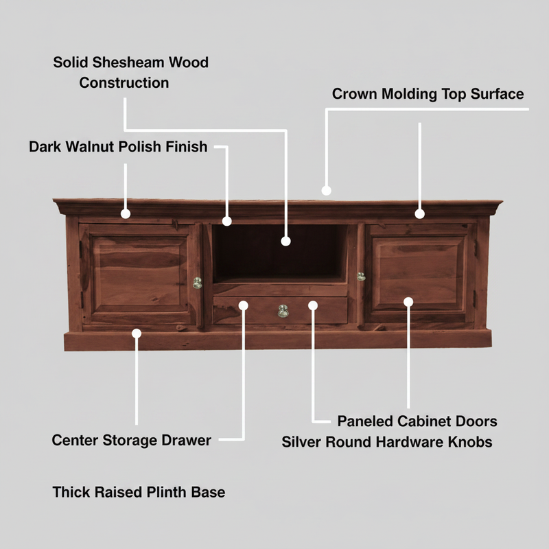 Sheesham Wood TV Unit Cabinet with Shelves & Drawer | Walnut Finish 
