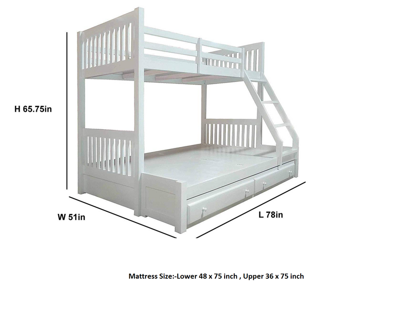 Solid Wood Getech Bunk Bed with Slide Storage & Trundle | Twin Over Twin Kids Bed | White Finish