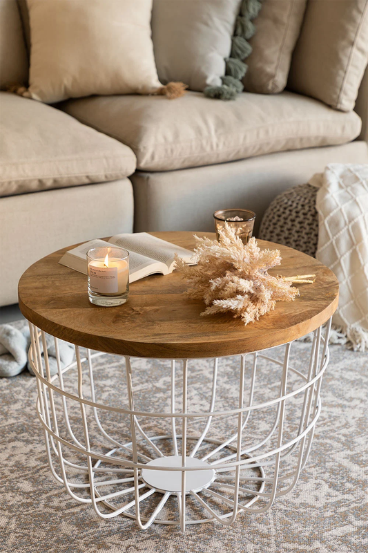 Round Solid Wood Top with Metal Base Coffee Table (Mango Wood - Natural + Black Powder Coated)