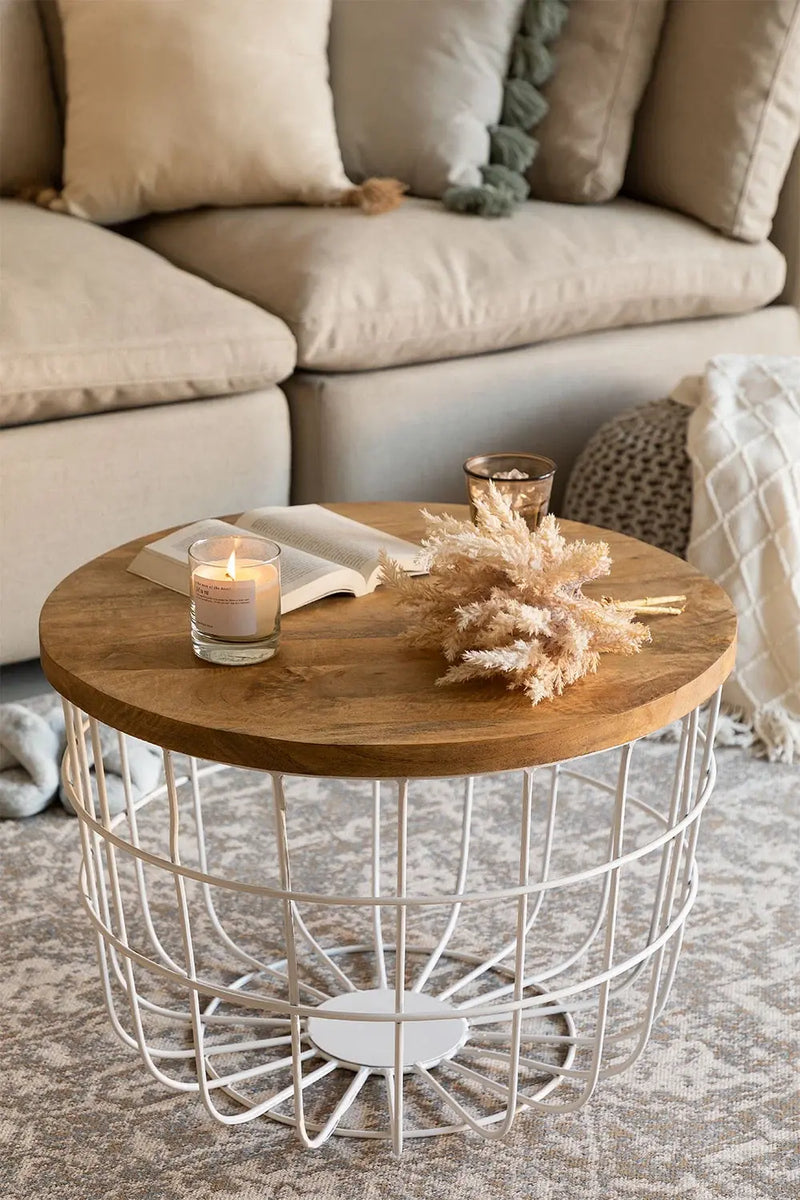 Round Solid Wood Top with Metal Base Coffee Table (Mango Wood - Natural + Black Powder Coated) 