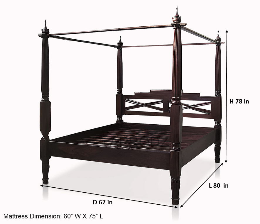 Sheesham Wood Canopy Bed Frame with White Curtains, King & Queen Size Available, Dark Brown 