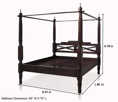 Sheesham Wood Canopy Bed Frame with White Curtains, King & Queen Size Available, Dark Brown 