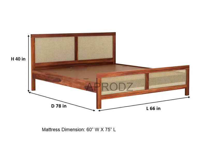 King Size & Queen Size Bed Frame with Cane Panels, Sheesham Wood, Modern Design 
