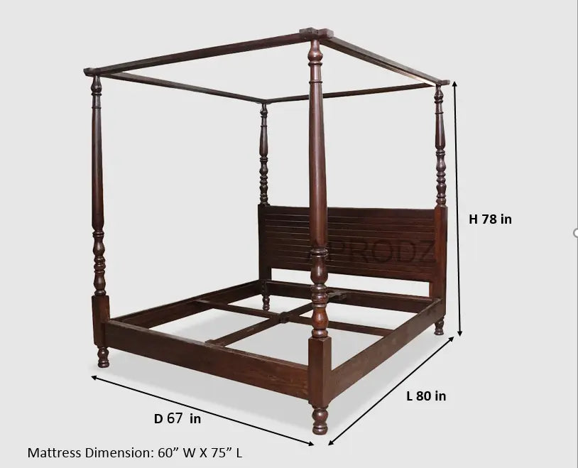 Sheesham Wood Four Poster Bed – King & Queen Size Wooden Bed, Dark Brown Finish 