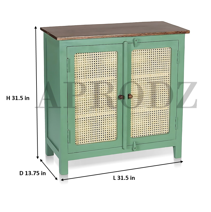 2 Door Cabinet with Wicker Front 2 Shelves | Mango Wood Storage Organizer | Rustic Durable Stylish Wooden Furniture | Compact Design Home Decor