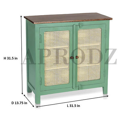 2 Door Cabinet with Wicker Front 2 Shelves | Mango Wood Storage Organizer | Rustic Durable Stylish Wooden Furniture | Compact Design Home Decor