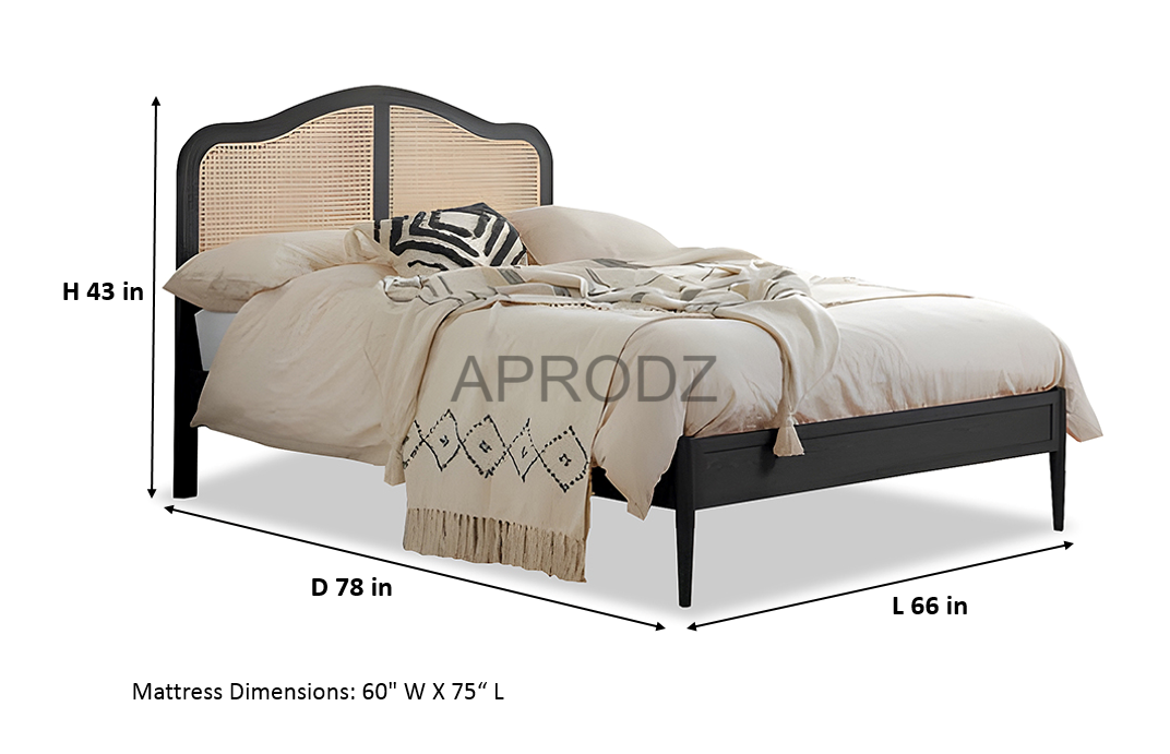 Rattan Cane Bed with Headboard, King Size & Queen Size Sheesham Wood Frame, Black 