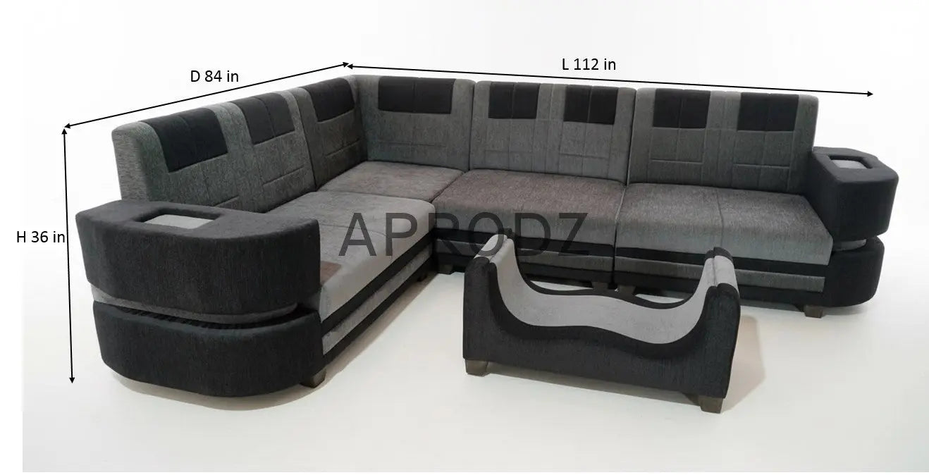 Modern L-Shaped Sectional 7-Seater Sofa with Coffee Table Padded Armrest Perfect Fabric Corner Sofa for Guests Living Room, Drawing Room, Office & Lounge Grey and Black 