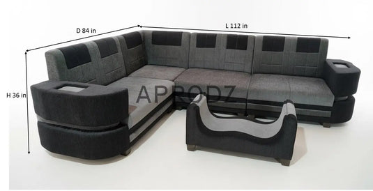 Translation missing: en.Modern L-Shaped Sectional 7-Seater Sofa with Coffee Table Padded Armrest Perfect Fabric Corner Sofa for Guests Living Room, Drawing Room, Office &amp; Lounge Grey and Black 