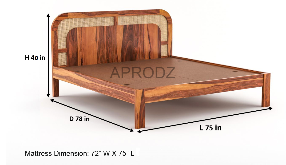Sheesham Wood King Size & Queen Size Bed with Cane Headboard, Solid Wooden Frame 