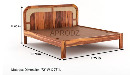 Sheesham Wood King Size & Queen Size Bed with Cane Headboard, Solid Wooden Frame 