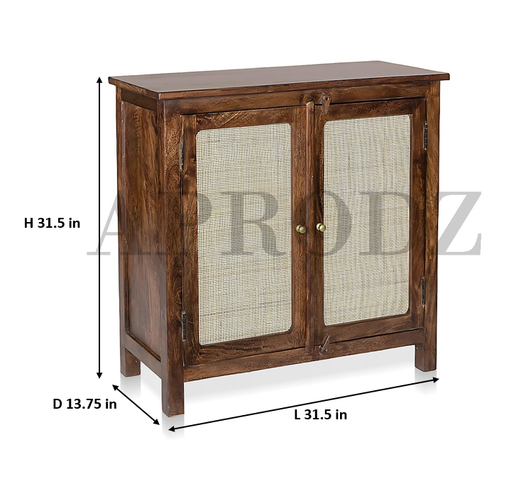 2 Door Cabinet with Wicker Front 2 Shelves | Mango Wood Storage Organizer | Rustic Durable Stylish Wooden Furniture | Compact Design Home Decor