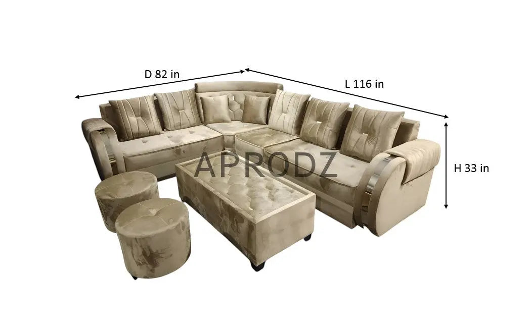 L-Shaped Sectional 6-Seater Sofa with Coffee Table & 2 Ottoman Stools Padded Armrest Perfect Fabric Corner Sofa for Guests Living Room, Drawing Room, Office & Lounge (Beige) 