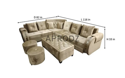 L-Shaped Sectional 6-Seater Sofa with Coffee Table & 2 Ottoman Stools Padded Armrest Perfect Fabric Corner Sofa for Guests Living Room, Drawing Room, Office & Lounge (Beige) 