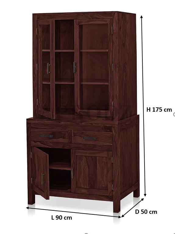 Glass Door Cabinet | 2 Drawers 3 Shelves Sheesham Wood Storage Organizer | Durable Stylish Wooden Furniture | Elegant Design Home Decor Compact Multifunctional