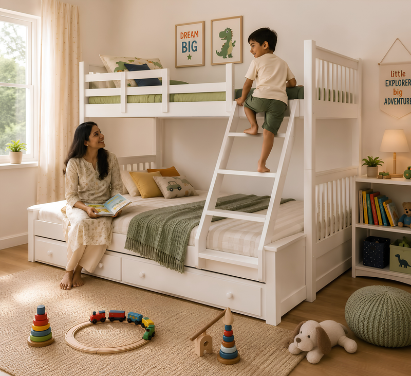 Solid Wood Getech Bunk Bed with Slide Storage & Trundle | Twin Over Twin Kids Bed | White Finish 