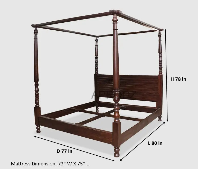 Sheesham Wood Four Poster Bed – King & Queen Size Wooden Bed, Dark Brown Finish 