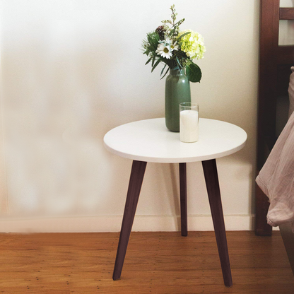 Mid-Century Modern End Table: Perfect Bedside Nightstand or Living Room Side/Accent Table - White Round Tabletop & 3 Acacia Legs- Set of 2