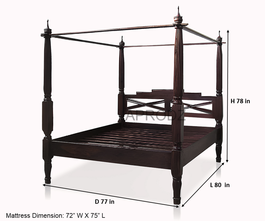 Sheesham Wood Canopy Bed Frame with White Curtains, King & Queen Size Available, Dark Brown 