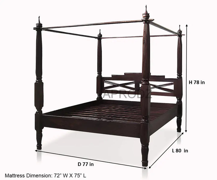 Translation missing: en.Sheesham Wood Canopy Bed Frame with White Curtains, King &amp; Queen Size Available, Dark Brown 