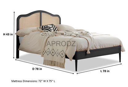 Rattan Cane Bed with Headboard, King Size & Queen Size Sheesham Wood Frame, Black 