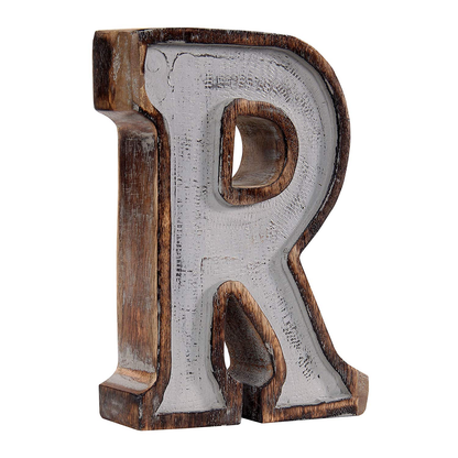 Monogram Free Standing Grey Letter Block - Length (7 in), Depth (2.2 in), Height (10 in), R