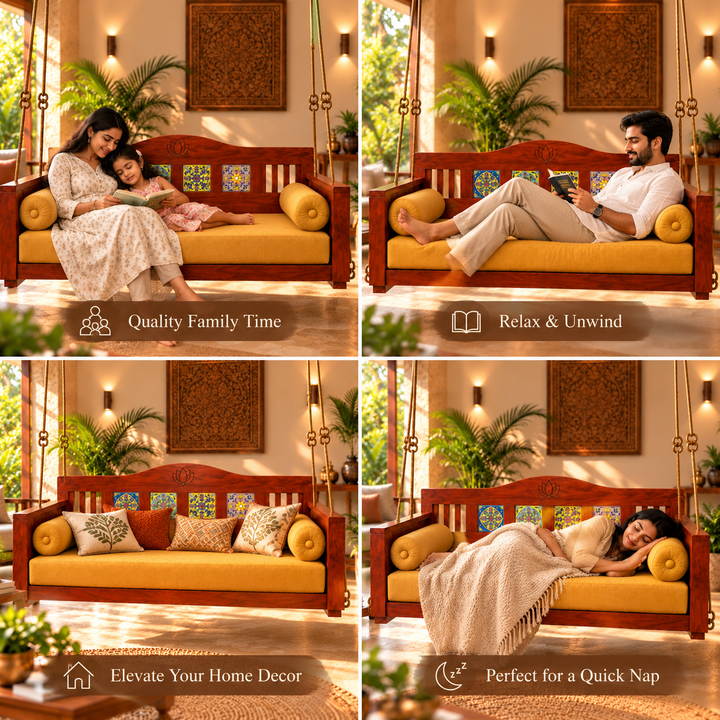 Translation missing: en.Wooden Jhula Swing with Lotus Carved Backrest, Ceramic Tiles &amp; Mustard Cushion 