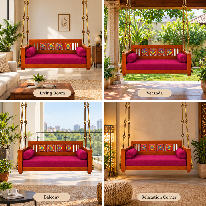 Translation missing: en.Wooden Jhula Swing with Hand-Painted Floral Tiles &amp; Magenta Cushion 