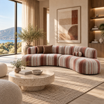 6 Seater Curved Sectional Sofa Set with Swivel Accent Chair, Modern Striped Fabric Couch for Living Room, Terracotta and Cream Stripe 