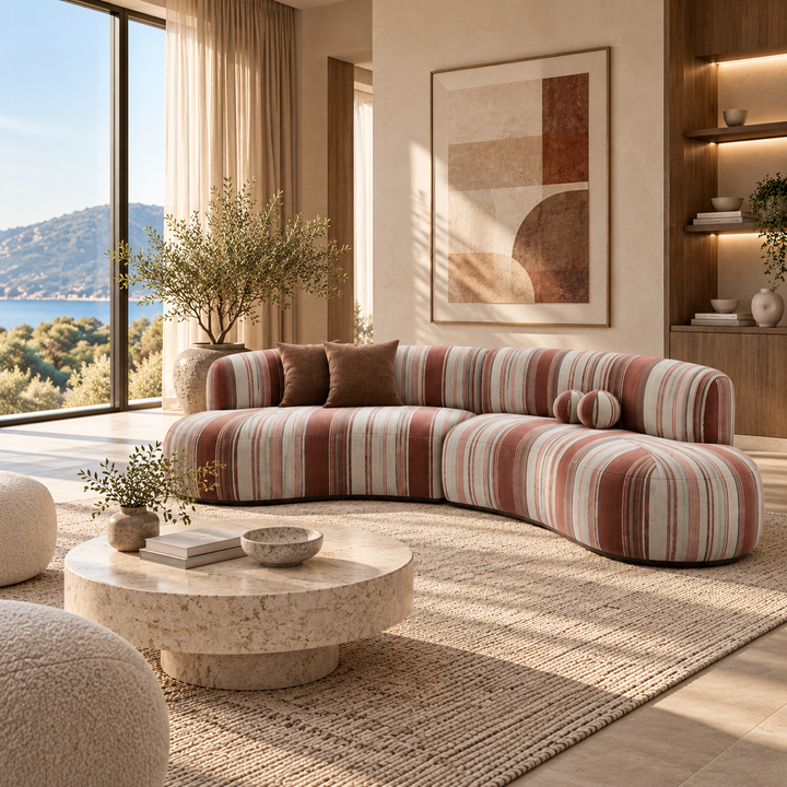 Translation missing: en.6 Seater Curved Sectional Sofa Set with Swivel Accent Chair, Modern Striped Fabric Couch for Living Room, Terracotta and Cream Stripe 