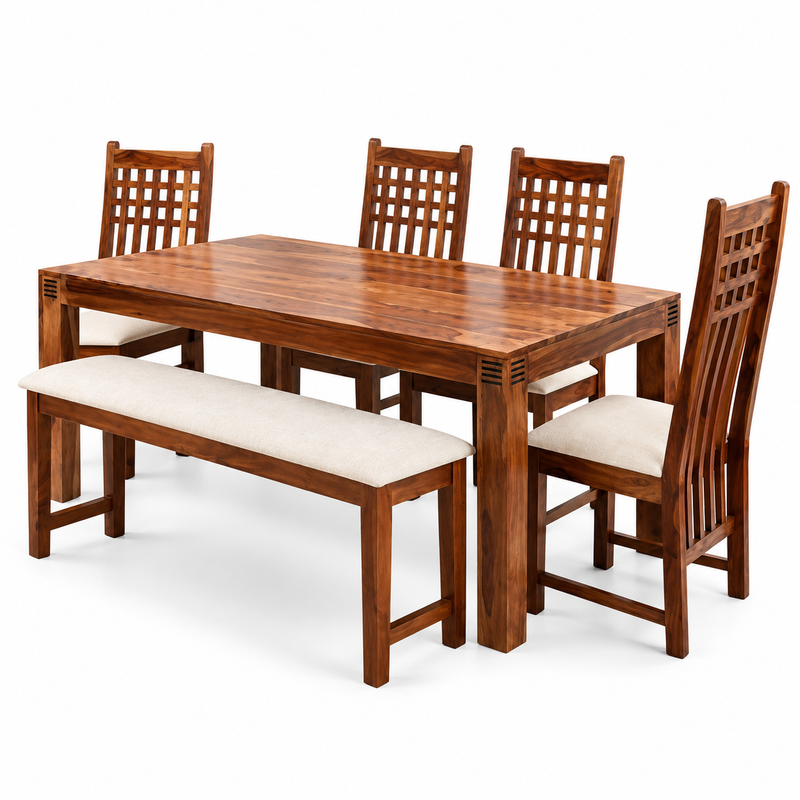 Sheesham Wood Avavia 6 Seater Dining Table Set with Bench for Home | Dining 