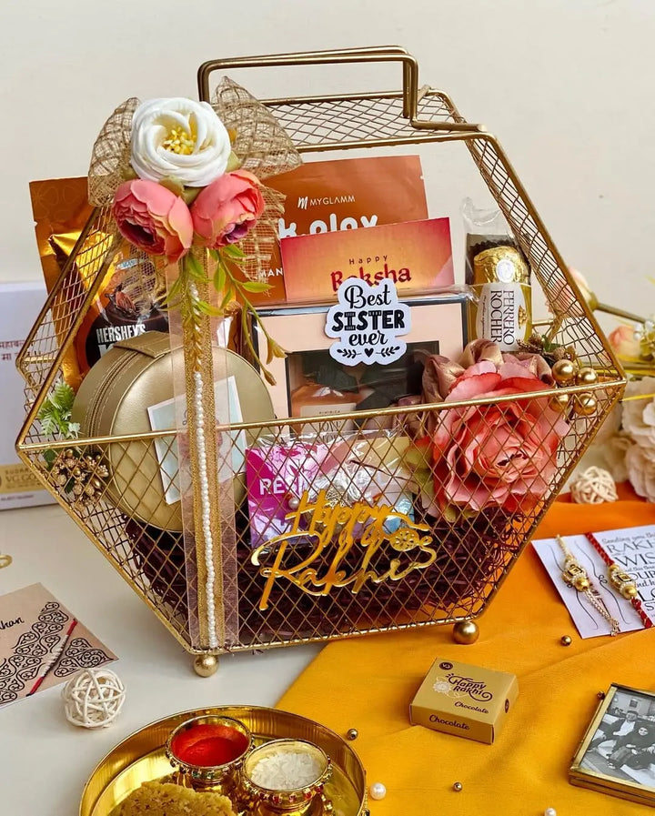 Translation missing: en.Luxe Rakhi Hamper – Hexagon Metal Basket Edition 