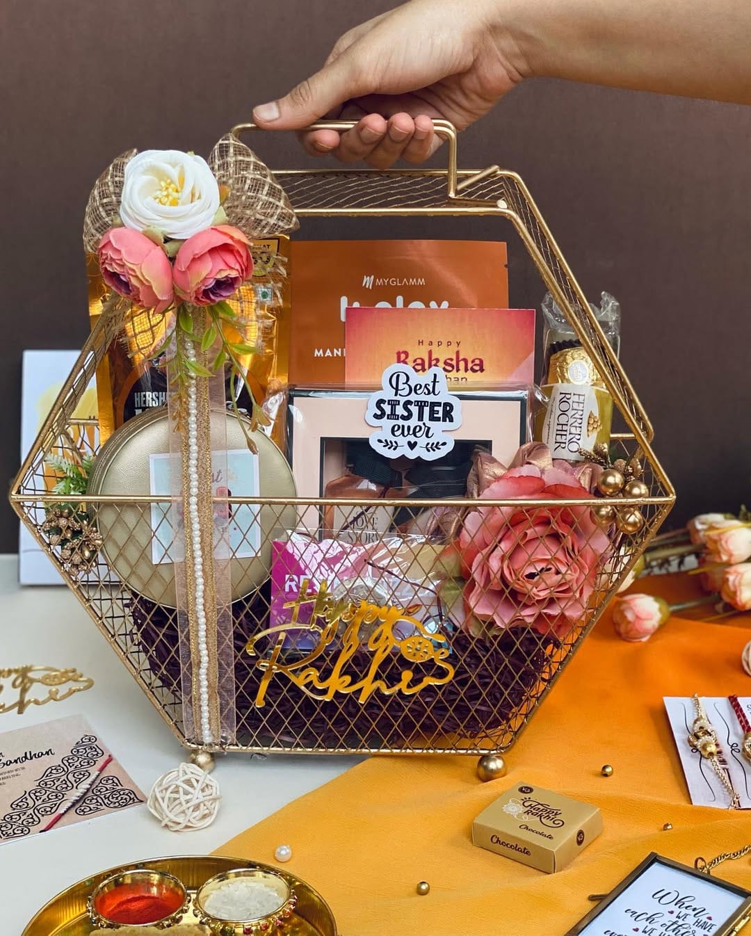 Luxe Rakhi Hamper – Hexagon Metal Basket Edition Aprodz