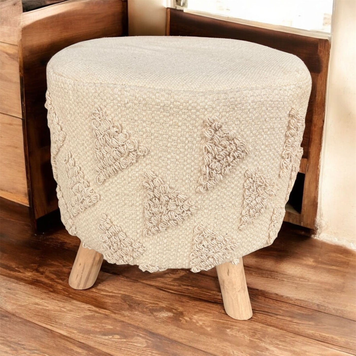 Boho Textured Ottoman Stool – Handwoven Cream Pouffe with Wooden Legs set of 2