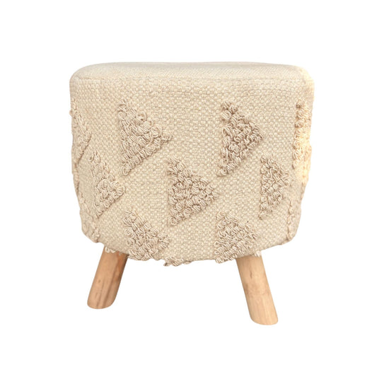 Boho Textured Ottoman Stool – Handwoven Cream Pouffe with Wooden Legs set of 2