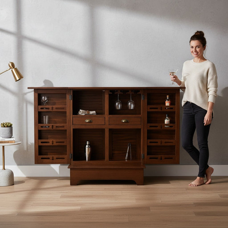 Mango Wood Downer White Bar Cabinet with Wine Glass Storage for Living Room, Standard 