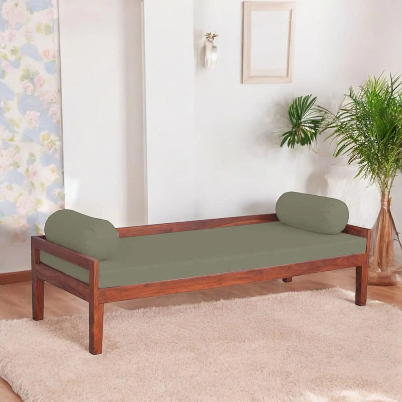Solid Mango Wood Dewan Sofa Bed (Solid Wood - Light Grey Fabric + Brown) 