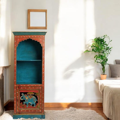 Wooden Elephant Flower Painted Bookshelf Corner Home Décor Bookcase Self Storage Stand Fine Work Painted Furniture (Multicolor)