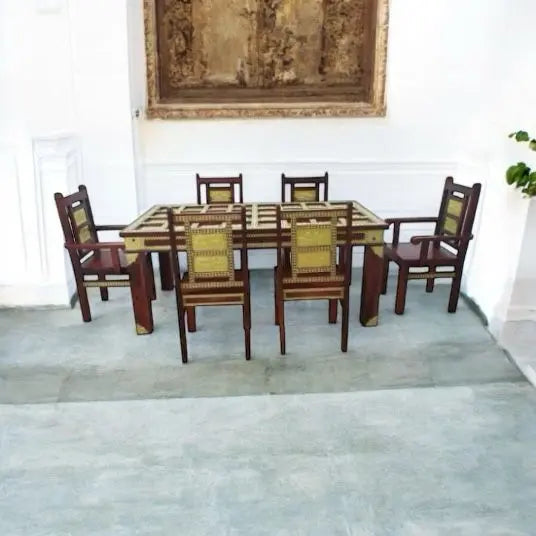 Sheesham Wood Brass 6 Seater Dining Table Set Honey Finish 
