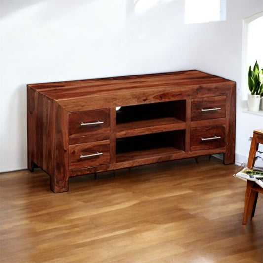 Sheesham Wood Grande Small TV Stand Cabinet for Home | TV Unit for Living Room | Brown Finish