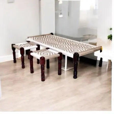 Translation missing: en.Wooden Bench | Colorful Bench for Seating | Sheesham Wood | Cotton Rope | Sitting Bench for Balcony - Home - Garden | Charpai (CRF-2, Medium) 