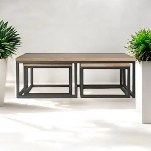 Mango Wood Palestina Stylish Coffee Table for Living Room | Side Table Set of 3 | Center Table for Home | Brown Finish 