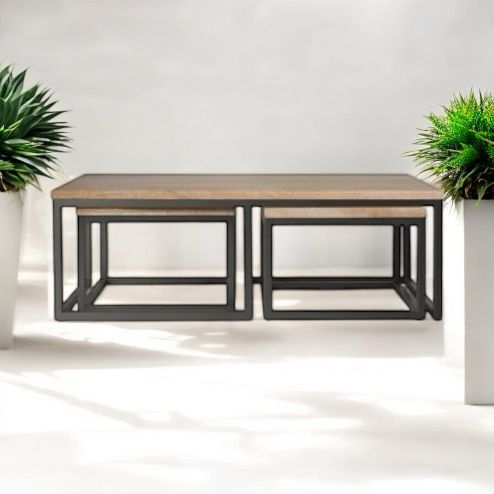 Mango Wood Palestina Stylish Coffee Table for Living Room | Side Table Set of 3 | Center Table for Home | Brown Finish