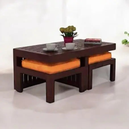 Translation missing: en.Sheesham Wood Nicola Stylish Coffee Table with 2 Stools for Living Room | Center Table for Home | Brown Finish… 