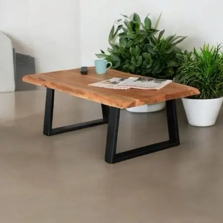 Spigolosa Acacia Wood Top and Metal Base Coffee Table (Acacia Wood - Natural + Black Powder Coated) 