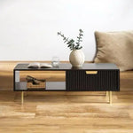 Wooden Center Table for Living Room | Rectangular Design with Shelf & Drawer | Solid Sheesham Wood & Iron Coffee Table (Black & Golden) | Sofa Teapoy Table 