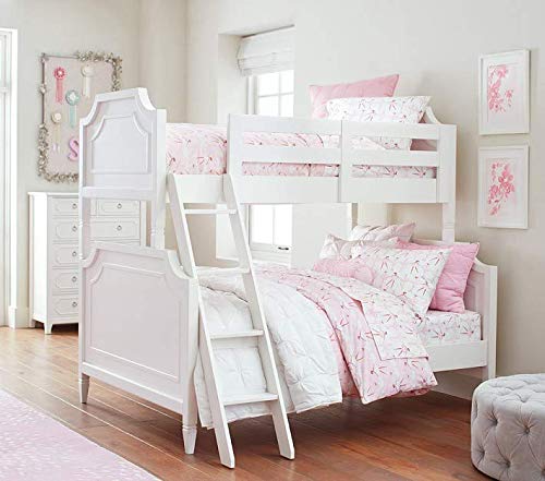 White wooden bunk bed with a lower twin bed and an upper single bed, featuring a ladder. 