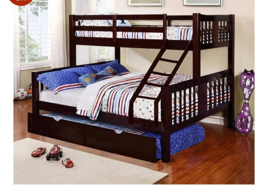 Wooden bunk bed with colorful bedding in a room setting
